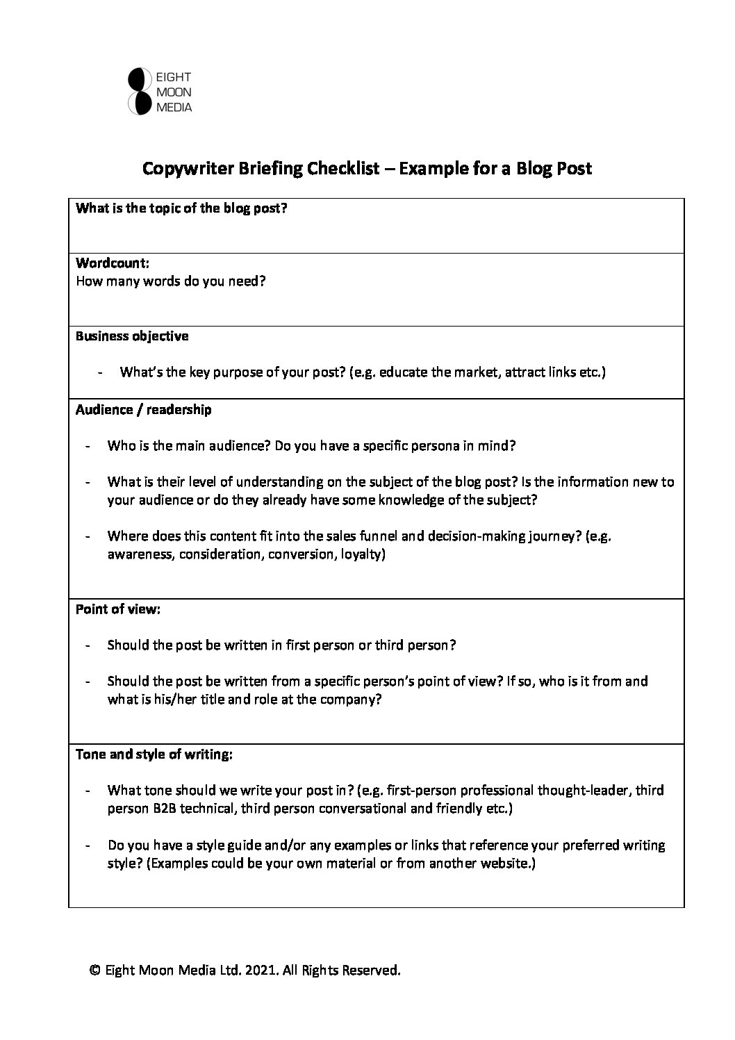 Briefing Checklist - Eight Moon Media